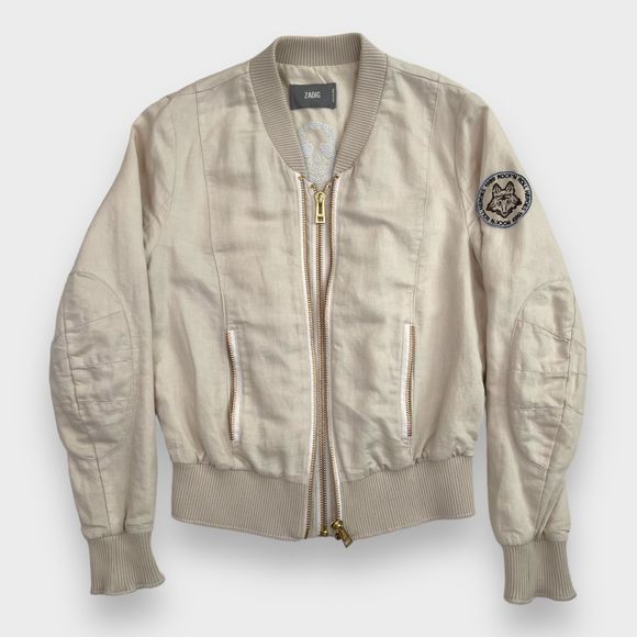 ZADIG & VOLTAIRE Lola Linen Double Zipper Skull Bomber Jacket Women's Medium - Picture 1 of 15